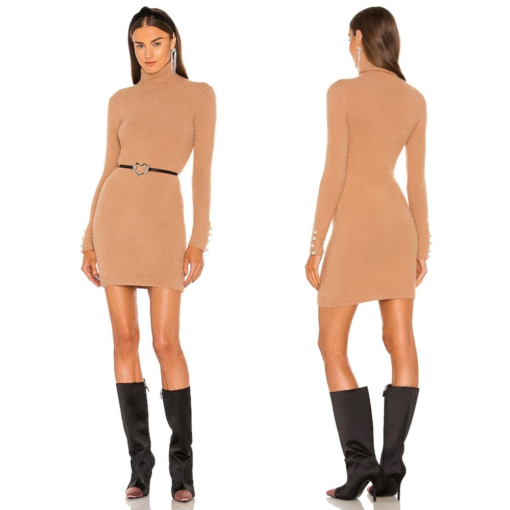 Lovers + Friends Mattia Turtleneck Sweater Dress Pearl Sleeve Cork Brown M